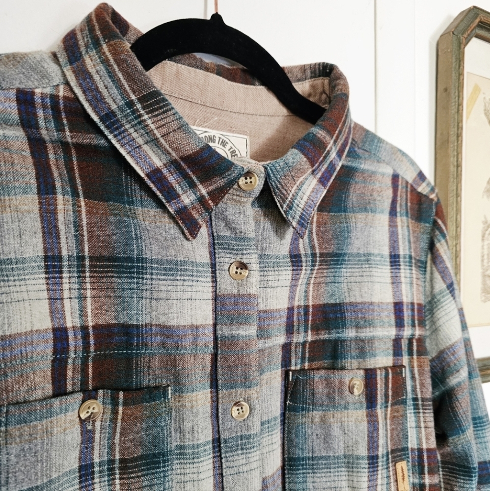 Ecologyst Wool Blue Grey Brown Plaid Womens Flannel Button-Up Shirt Sitka